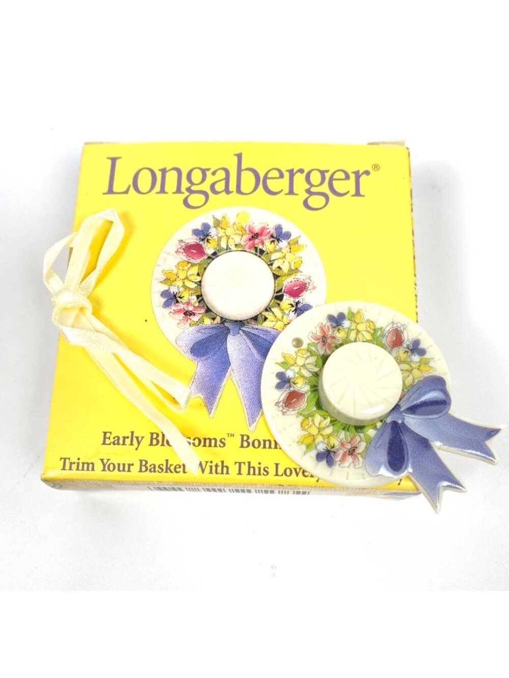 Longaberger Tie-On Bonnet Hat Early Blossoms Pottery 37133 1999 New in Box